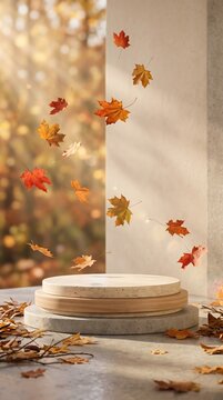 Empty round stone podium or display stand for product presentation decorated with falling dry orange and brown autumn maple leaves