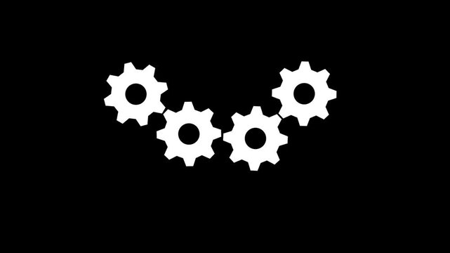 Four white gears arc arrangement spinning loop animation on black background, 4 industrial gearwheels rotating together concept for team mechanism solution process backdrop decoration.