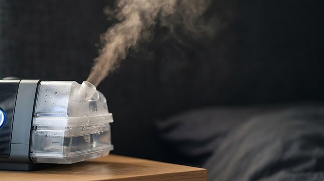 Cpap machine releasing mist on a wooden bedside table