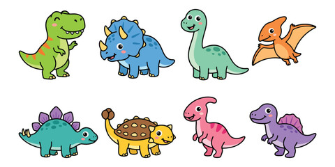 Cute cartoon dinosaur vector illustration icon set isolated on white background colorful funny baby dino character collection for kids © MAHFUJ MONDOL