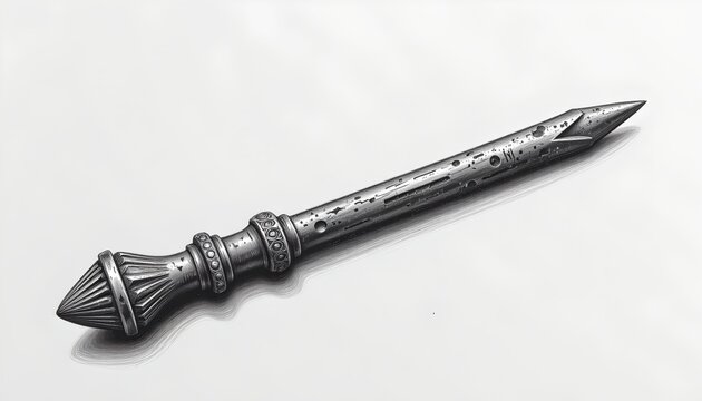 The image features a detailed, metallic spear with an ornately designed handle and a pointed, double edged blade