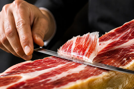 Man cutting thin slice of jamon with knife. Traditional Spanish ham serving. Gourmet meat delicacy of Iberian pig. Culinary expert carving dry cured serrano ham for appetizer.