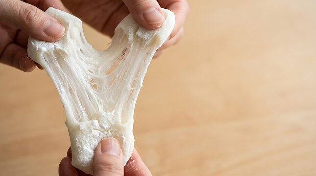Hands pulling apart soft and stretchy white mochi dough