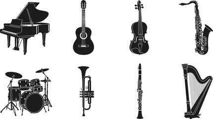 Musical Instrument Silhouette Icons Featuring Piano, Guitar, Violin, Saxophone, Drums, Trumpet, Clarinet, and Harp © MdAzijul