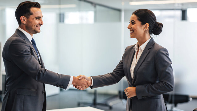 Business professionals shaking hands after successful meeting in modern office, smiling and confident, partnership and investment agreement concept, 