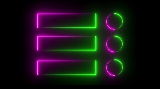 Glowing neon line Restaurant Cafe menu icon. Glowing neon rectangle and circle frame repeating animation. Neon menu button icon animation with pink and cyan color.