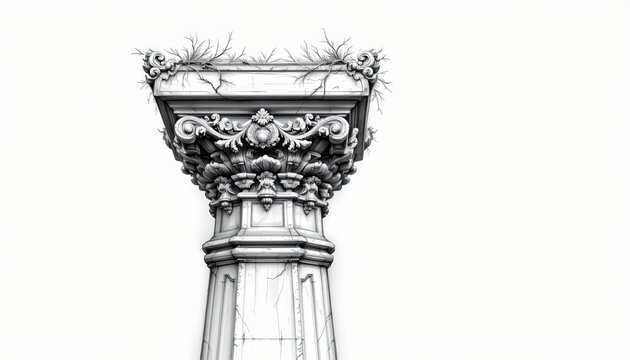 The image features an ornate, classical style column with intricate decorative details at the top, including floral motifs and scrollwork
