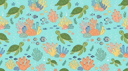 Cute sea turtles and coral reef marine life seamless pattern