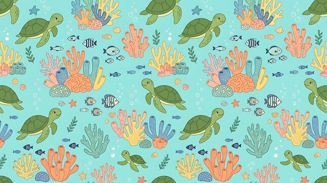Cute sea turtles and coral reef marine life seamless pattern