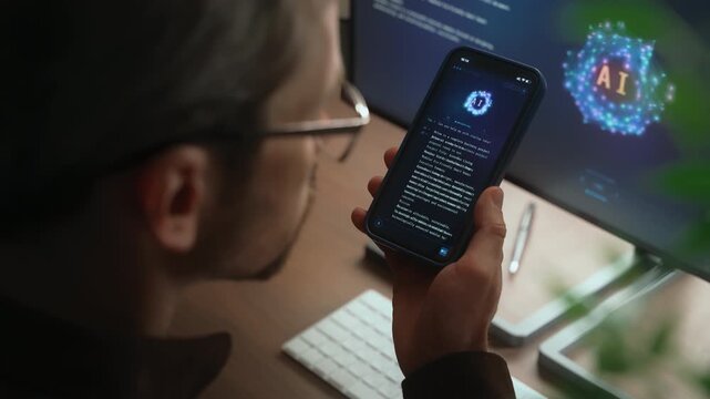 Close up of man using AI chatbot app on his smartphone for business tips while artificial intelligence assistant or agent on his computer helps him with work and daily tasks on background. Copy space