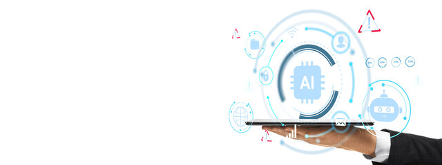Plakat Business hand balancing tablet with circular blue AI interface hologram in photographic style on white background, concept of machine learning and automation