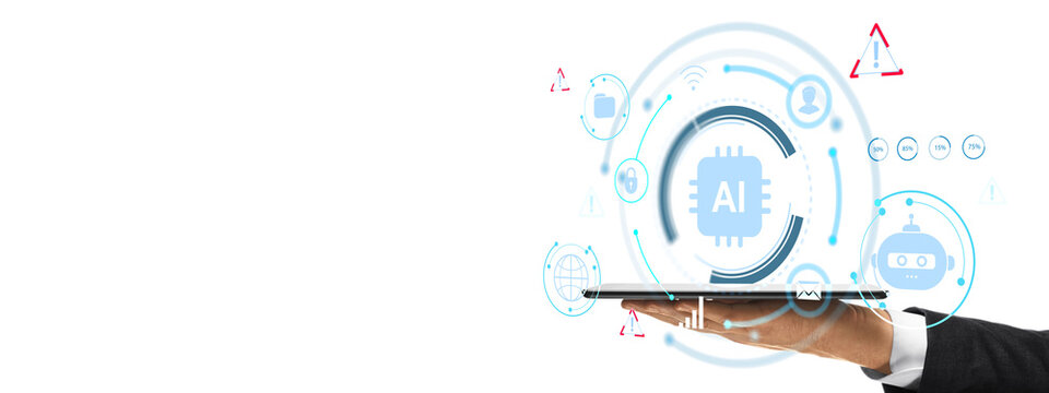 Business hand balancing tablet with circular blue AI interface hologram in photographic style on white background, concept of machine learning and automation