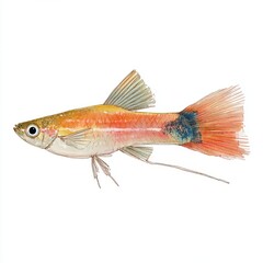 Fototapeta premium Watercolor Illustration Of A Small Guppy Fish With Orange Tail And Fins Against A Plain White Backdrop