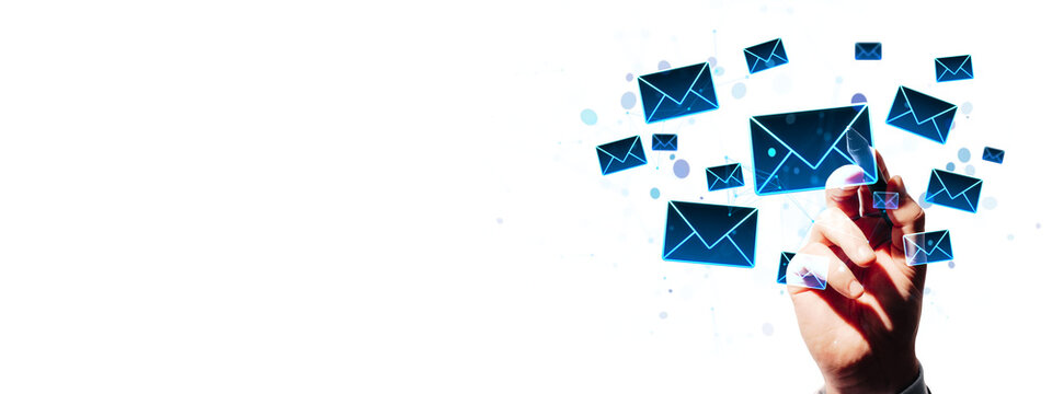 Hand with pen touching glowing blue email envelope icons in clean photo style on white background, concept of newsletter and digital communication
