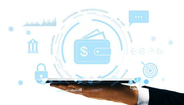 Hand holding tablet with digital wallet hologram, dollar and banking icons in realistic style on white background, concept of fintech and online payment