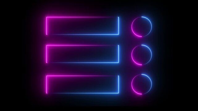 Glowing neon rectangle and circle frame repeating animation. Neon menu button icon animation with pink and cyan color.