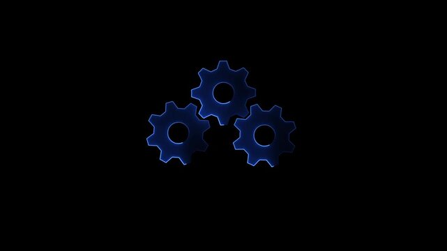Neon blue glowing three gears interlocking spinning loop animation on black background, luminous future tech gearwheels rotating concept for futuristic machine engineering mechanism.