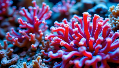 The image features a close up view of vibrant coral, showcasing its intricate, branching structures