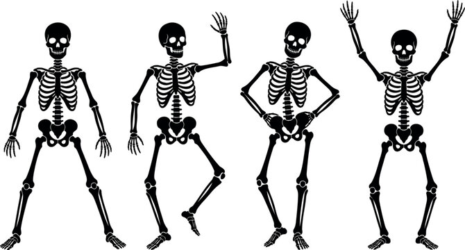 Four black silhouette skeletons in various playful poses