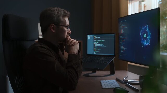 Smiling coder excited about AI-assisted programming at his home office workstation with artificial intelligence agent writing programming code, and working on project itself on computer screen.