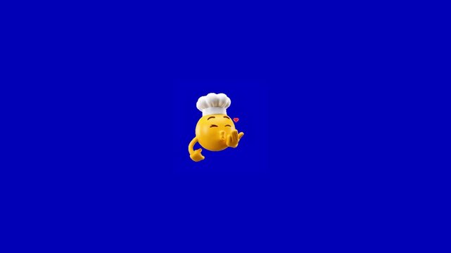 Animated chef emoji blowing kisses with floating red hearts against a bright blue background with character wearing white video stylized yellow communication personified interaction expressive