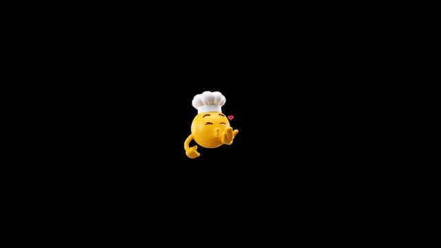 Animated chef emoji blowing kisses with red hearts floating against a solid black background surface with video displays series emojis wearing white series three cute communication professional