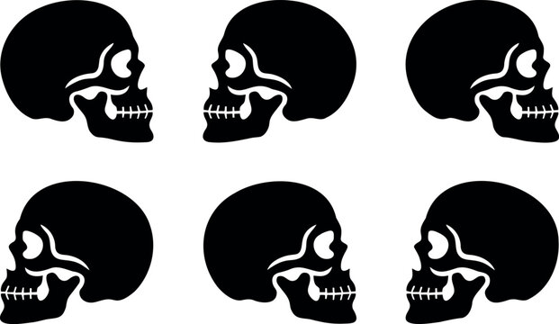 Six black silhouette skull profiles on white background