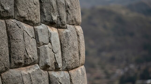 Close up of ancient interlocking stone wall in the andes mountains