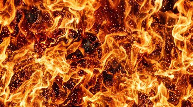Intense Blazing Orange and Yellow Fire Flames Background with Burning Sparks and Glowing Heat