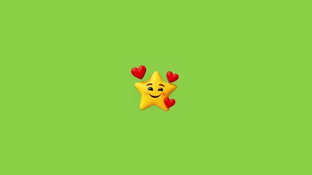 Smiling star emojis floating across vibrant green background in a playful seamless loop animation with hearts moving horizontally emojis happy expressions three identical yellow across bright solid