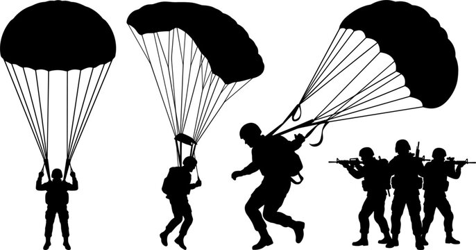 Military Paratrooper and Airborne Soldier Silhouette Icon Set with Skydiving Parachutes and Special Forces Infatry Combat Vectors