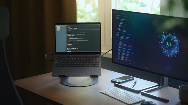 AI agent or artificial intelligence assistant autonomously working on project without human, writes and processes code on a computer at empty workspace. AI automation. Copy space