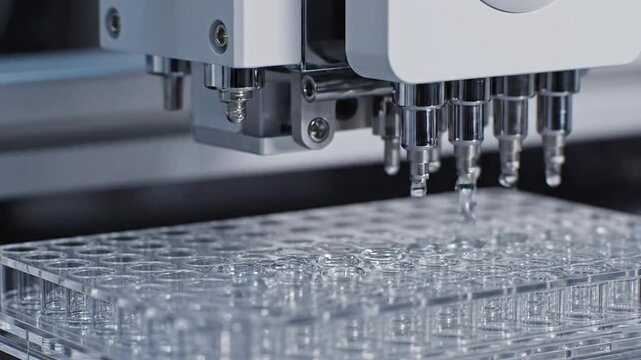 Macro View Of Advanced Medical Pipetting Robot Precisely Dispensing Liquid In Laboratory Plates