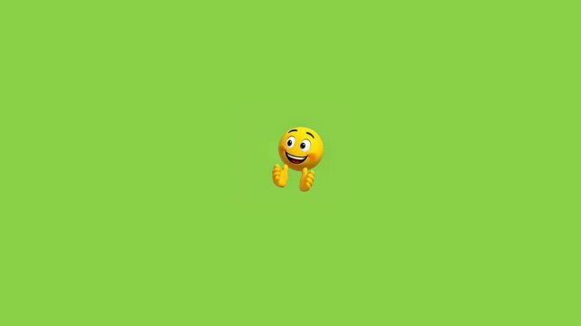 Three animated yellow smiley emojis performing clapping and thumbs up gestures against green background with emoticons performing repetitive distinct yellow circular video displays three expression