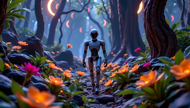 The image features a sleek humanoid robot walking along a narrow forest path surrounded by vibrant, glowing flowers in shades of orange and pink