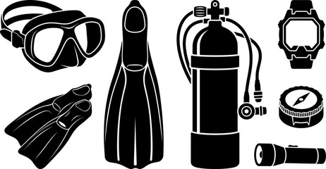 Scuba Diving and Snorkeling Equipment Icon Set with Mask, Fins, Oxygen Tank, Regulator, Compass, Watch, and Flashlight Silhouette Vector Graphics © Mdsumon
