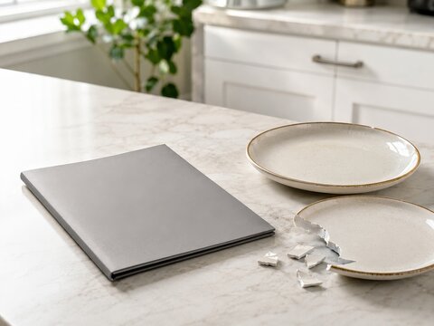Un cuaderno gris y platos rotos en la mesa de cocina