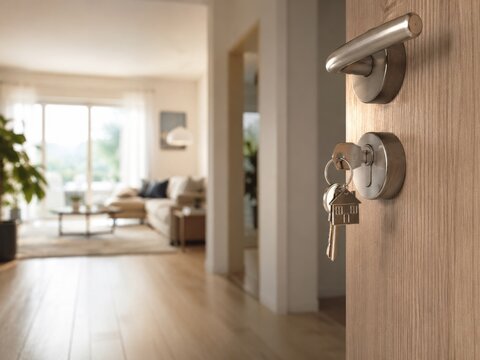 Llave en la puerta de entrada con vista al sal&oacute;n y la luz natural