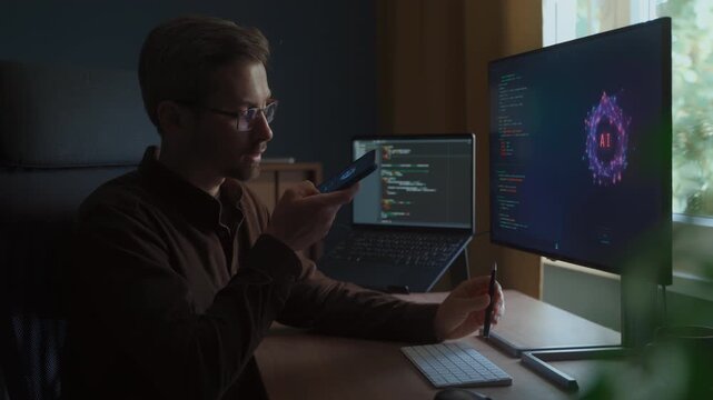A programmer working from home office using an AI voice assistant app on his smartphone to multitask, while an artificial intelligence agent generates program code on his computer. Vibe Coding concept