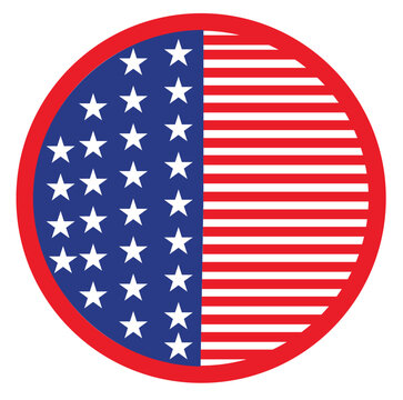 A circular emblem featuring a split design with the left half showing blue with white stars and the right half showing red and white stripes, representing the American flag.