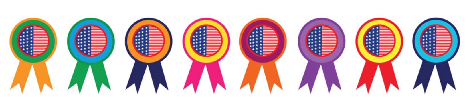 Eight colorful award ribbons with circular tops and split blue and pink centers, arranged horizontally.