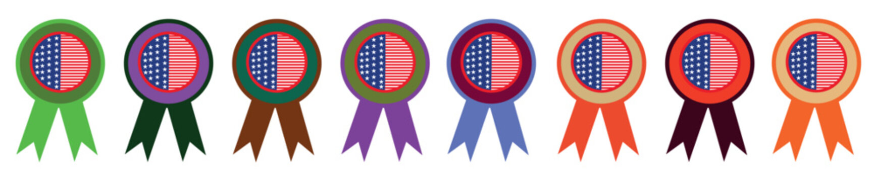 A row of nine colorful award ribbons with circular medals, each featuring a blue striped left half and a pink right half, against a white background.