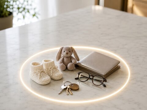 Detalles de un &aacute;rea de mesa con objetos diversos y luz en el borde