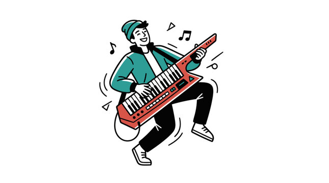 Man jumping while playing red keytar synthesizer.