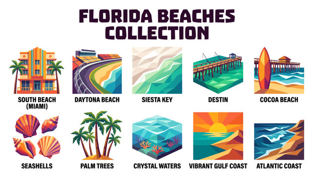american florida beaches featuring south beach daytona beach siesta key destin cocoa beach seashells palm trees crystal waters and vibrant gulf and atlantic coast destinations collection