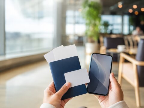 Persona sostiene un pasaporte y un tel&eacute;fono m&oacute;vil en una sala de espera de un aeropuerto