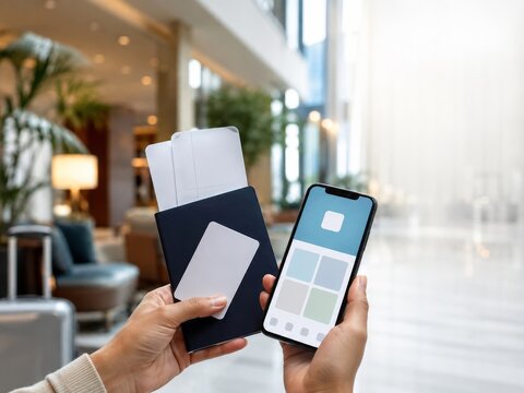 Uso de un tel&eacute;fono m&oacute;vil y un pasaporte en un hotel