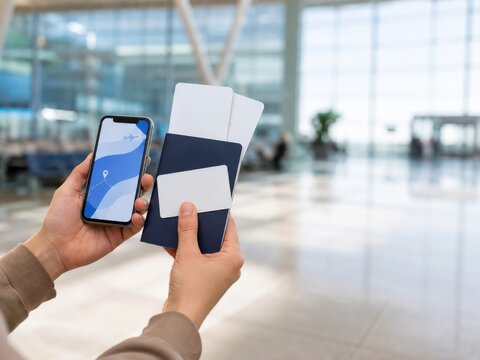 Persona sostiene un tel&eacute;fono m&oacute;vil y un pasaporte en un aeropuerto durante el d&iacute;a