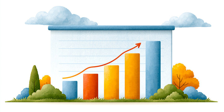 Watercolor illustration of a billboard style screen showing an ascending blue and orange bar chart surrounded by clouds and bushes indeed with a richly evocative visual atmosphere.