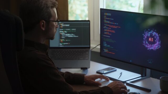 Programmer types a prompt for AI assistant on his computer and lets the Artificial Intelligence agent work on coding project independently instead of him. Automation and task delegation using AI. 